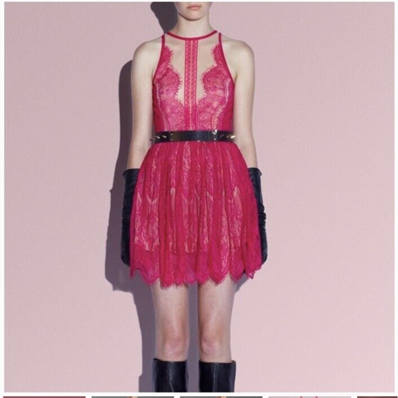 Three Floor Mini Dress Hot‎ Pink Fuschia Lace Open Back Size 12 - Picture 1 of 13